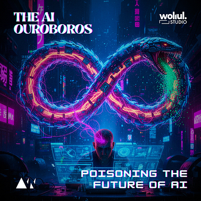 Poster Design for The AI Ouroboros abstrack ai aicrisis datascience futureofai graphic design largelanguagemodels llm modelcollapse nextgen ouroboros poster design syntheticdata techethics woliul woliuldesign woliulstudio
