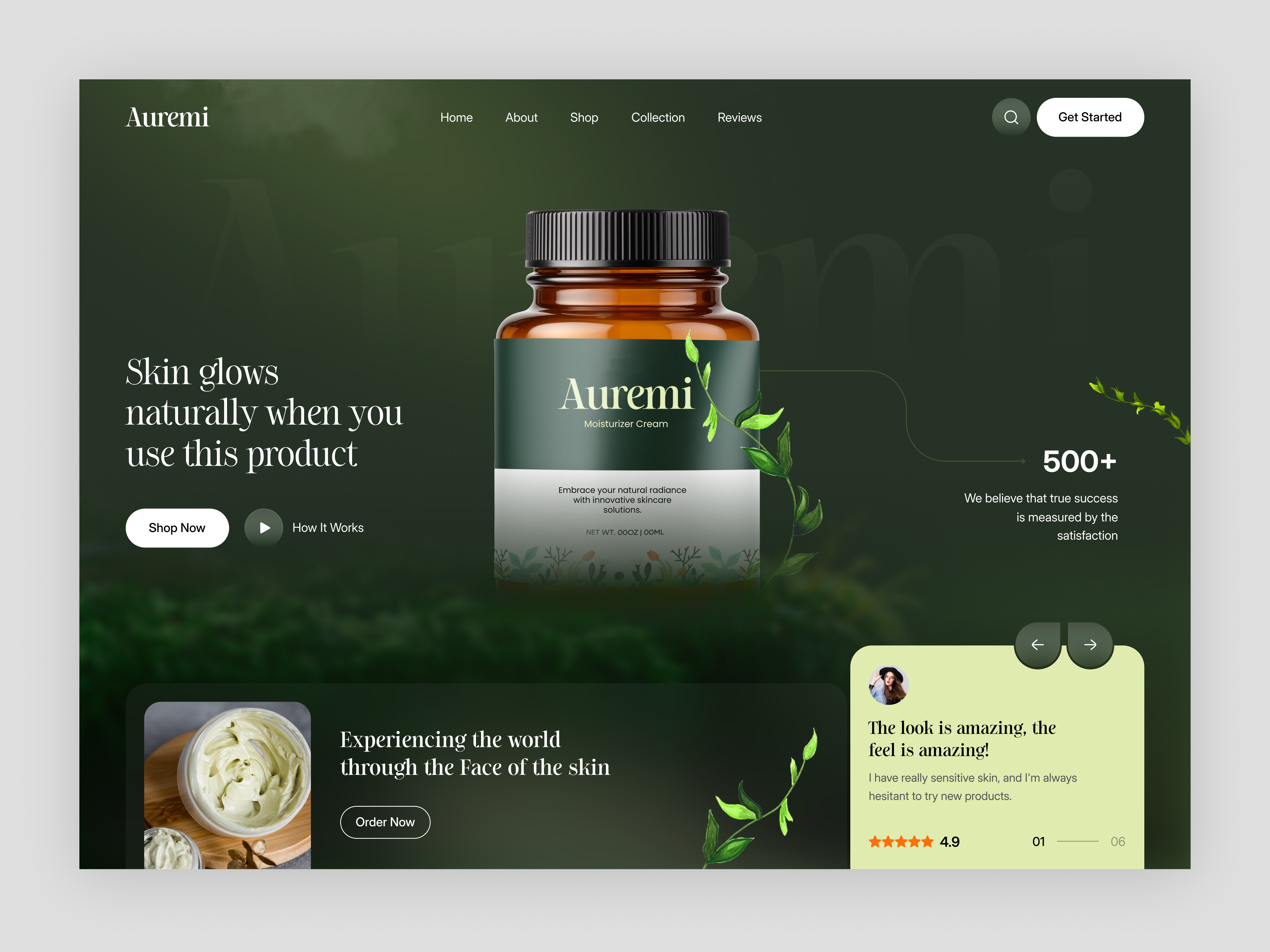 Auremi Skincare Website Hero Section beauty beauty product cosmetic ecommerce ecommerce website healthcare hero section landing page luxury skincare website product design self care skincare skincare web design ui ux web web design website