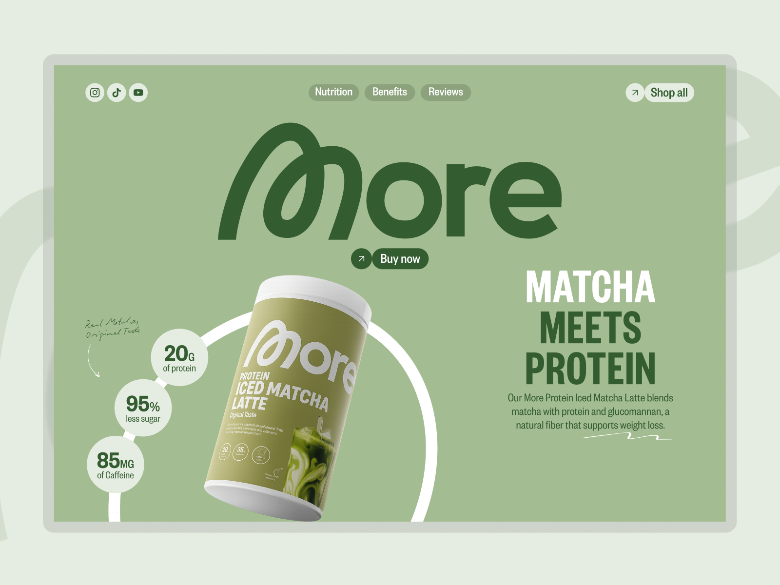 AI Wellness Landing Page - More Nutrition: Where Matcha Meets AI ai ai landing page branding ecommerce ecommerce ui green health landing page matcha matcha tea minimalist nutrition personalization product packaging protein shopping cart ui ux wellness wellnesstech