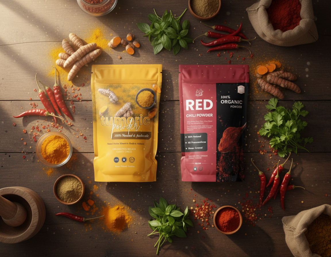Spice Packaging Design | Organic Food Branding & Pouch Concept adobe illustrator adobe photoshop branding creative direction design food branding food packaging food packaging design graphic design illustration label and packaging packaging packaging design pouch design pouch packaging design product design product packaging ui