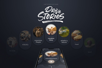 Drive Stories - Audio App ai app artificial intelligence audio automotive design drive stories hmi interactive interface road trip storys travel ui