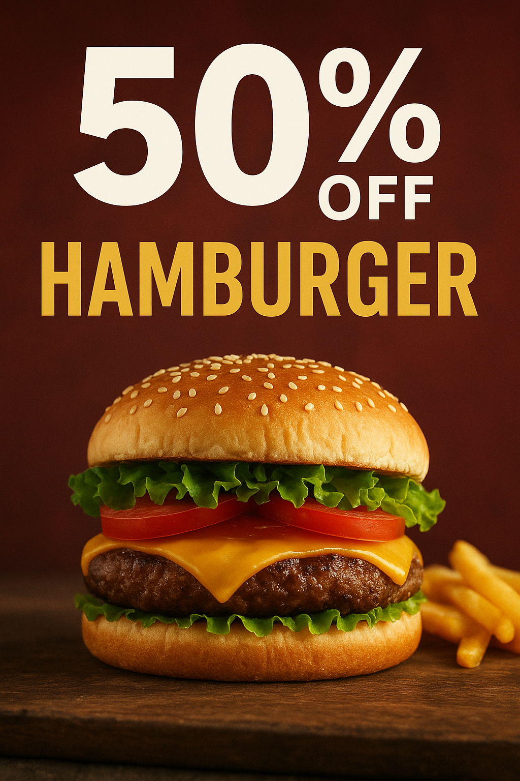Juicy Burger Deal — 50% Off Perfection advertising burger clean typography discount offer fast food food art food design food photography food poster juicy burger mouthwatering promotional design restaurant marketing social media design warm tones