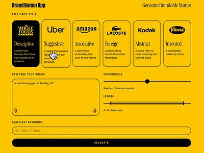 Product Design for AI Naming App ai minimalist product design ui yellow