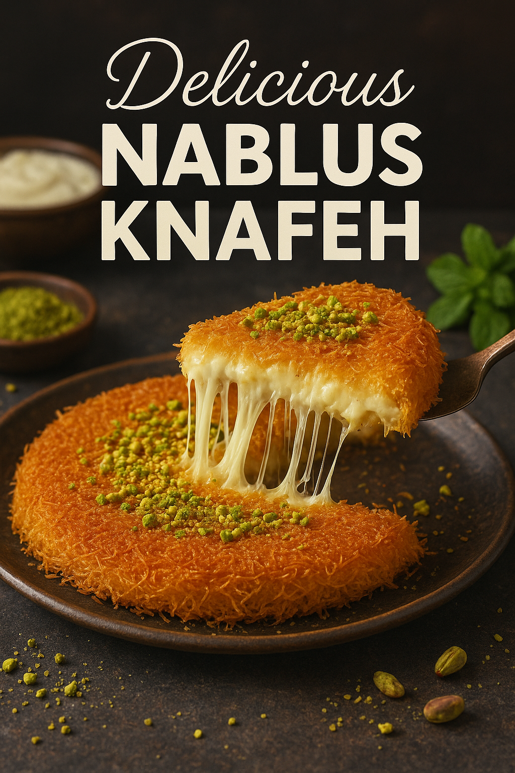 Nablus Knafeh Promo Design cafe marketing cheese pull dessert branding food art food design food photography knafeh middle eastern dessert mouthwatering nablus dessert pistachio promotional design social media design traditional dessert warm tones
