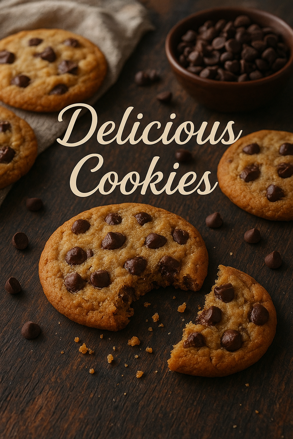 Chocolate Chip Cookies Ad Design bakery chocolate chip cookies cookies cozy design dessert branding food art food design food photography mouthwatering product ads promotional design rustic background social media design sweet treats warm tones