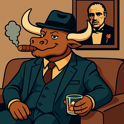 The Bull Don — Cigar & Whiskey Mascot Illustration adobe illustrator artwork bold line art bull mafia mascot cartoon animal boss character design series cigar whiskey illustration crime boss homage crypto marketing art digital vector illustration editorial social graphic flat color shading logo mascot concept mob boss bull noir lounge scene poster sticker ready speakeasy cigar lounge suit tie character vector cartoon character vintage gangster vibe web3 brand mascot