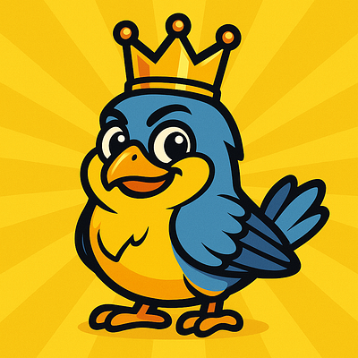 Bird King Mascot — Crowned Vector Logo Illustration adobe illustrator artwork bird king mascot blue yellow character bold line art cartoon brand identity character design series clean vector shapes crowned bird logo flat color shading gaming guild branding logo mascot concept memecoin web3 branding parallax ready header playful animal character social avatar icon sticker ready graphic sunburst yellow background telegram twitter banner vector mascot illustration website hero artwork