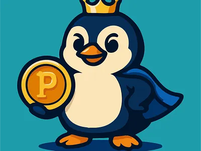 Penguin King Mascot — Crowned Coin & Cape Vector Illustration adobe illustrator artwork bold line art cape clad penguin cartoon brand identity clean vector shapes crowned coin character crypto web3 branding cute animal character flat color shading game guild branding gold coin symbol logo mascot series memecoin mascot design penguin king mascot playful character design social avatar icon sticker ready graphic teal background icon vector logo illustration website hero artwork