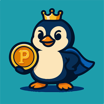 Penguin King Mascot — Crowned Coin & Cape Vector Illustration adobe illustrator artwork bold line art cape clad penguin cartoon brand identity clean vector shapes crowned coin character crypto web3 branding cute animal character flat color shading game guild branding gold coin symbol logo mascot series memecoin mascot design penguin king mascot playful character design social avatar icon sticker ready graphic teal background icon vector logo illustration website hero artwork