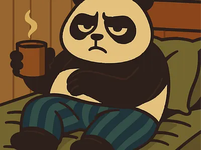 Grumpy Panda Morning — Pajamas, Coffee Mug (Vector Illustration) adobe illustrator artwork bedroom lounge pose bold line art brand mascot concept character design series cozy cabin interior cute animal art flat color shading grumpy panda illustration morning coffee mug pajama bedroom scene simple geometric shapes sleepy morning vibe social avatar icon soft shadow grounding steaming hot beverage sticker ready graphic vector cartoon character warm earthy palette website hero artwork