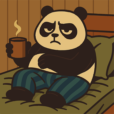 Grumpy Panda Morning — Pajamas, Coffee Mug (Vector Illustration) adobe illustrator artwork bedroom lounge pose bold line art brand mascot concept character design series cozy cabin interior cute animal art flat color shading grumpy panda illustration morning coffee mug pajama bedroom scene simple geometric shapes sleepy morning vibe social avatar icon soft shadow grounding steaming hot beverage sticker ready graphic vector cartoon character warm earthy palette website hero artwork