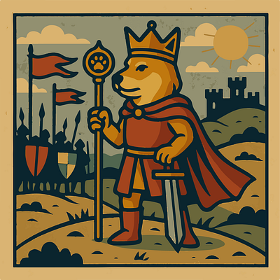 Dog King Mascot — Medieval Banner Poster (Vector Illustration) adobe illustrator artwork bold line art canine royal illustration castle battlefield backdrop character design series crowned dog ruler dog king mascot fantasy kingdom scene flat color shading framed poster style gaming guild branding heraldic crest vibe limited color palette logo mascot concept medieval banner poster social avatar icon sticker ready graphic sword scepter cape vintage textured vector web3 memecoin branding
