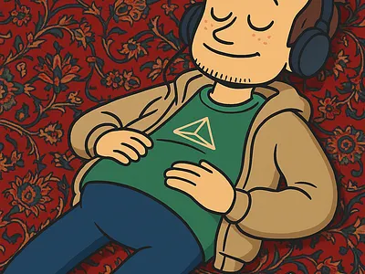 Cozy Listening Session — Headphones & Walkman Illustration adobe illustrator artwork album cover concept bold line art character design series clean vector shapes cozy listening illustration flat color shading headphones character art home listening scene hoodie tshirt outfit lofi ambient aesthetic music lover character patterned carpet background podcast cover art relaxed chill vibe retro walkman cassette social media avatar textured rug pattern vector cartoon style warm red palette