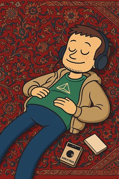 Cozy Listening Session — Headphones & Walkman Illustration adobe illustrator artwork album cover concept bold line art character design series clean vector shapes cozy listening illustration flat color shading headphones character art home listening scene hoodie tshirt outfit lofi ambient aesthetic music lover character patterned carpet background podcast cover art relaxed chill vibe retro walkman cassette social media avatar textured rug pattern vector cartoon style warm red palette