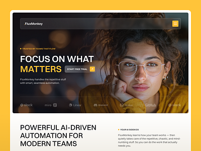 FluxMonkey - where AI meets human flow ai blur cards clean glass hero landing light logos minimal modern navbar saas startup tech technology ui ux webdesign yellow