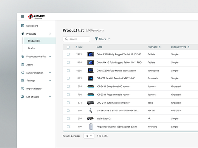 Elmark - Product List with bulk actions actions app application bulk actions catalog excel filters minimal product design table ui ux views