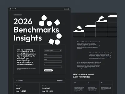 LinearB 2026 Benchmarks Report benchmarks branding contrast design developer engineering event geometric graphic design illustration insights mod report webinar workshop