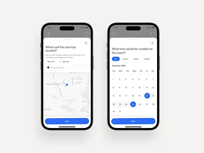 Event Location Mobile App Design 2025 blue calender clean design date selection event app event management event management app management minimal design mobile mobile design modern ui trending app ui