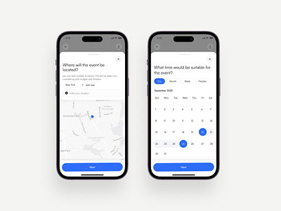 Event Location Mobile App Design 2025 blue calender clean design date selection event app event management event management app management minimal design mobile mobile design modern ui trending app ui