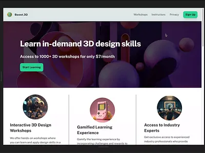 Boost.3D- A 3D Education Website Concept 3d animation design framer ui web