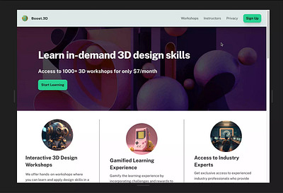 Boost.3D- A 3D Education Website Concept 3d animation design framer ui web