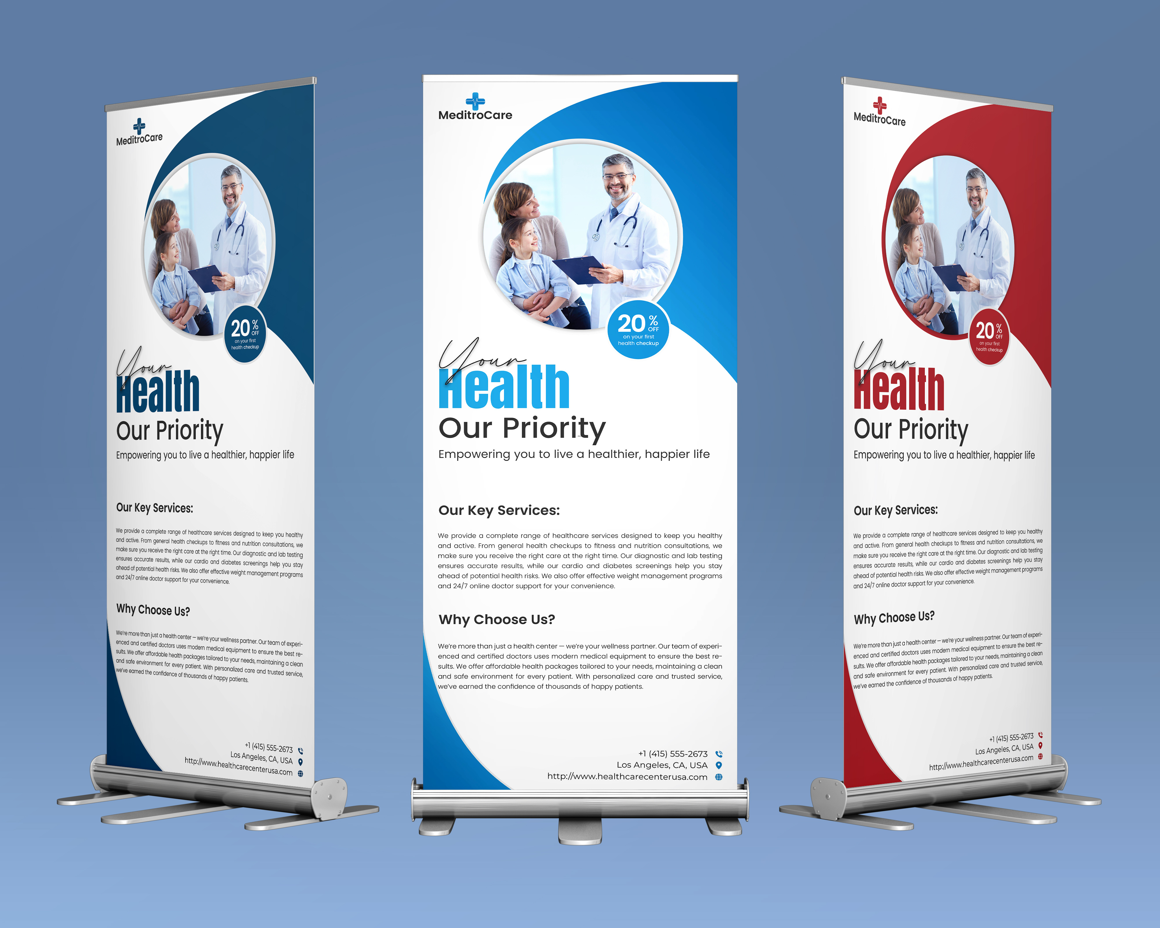 Healthcare Clinic Roll-Up Banner Template blue commercia design geometric health minimal modern racked red template trend vector yellow