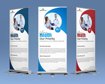 Healthcare Clinic Roll-Up Banner Template blue commercia design geometric health minimal modern racked red template trend vector yellow