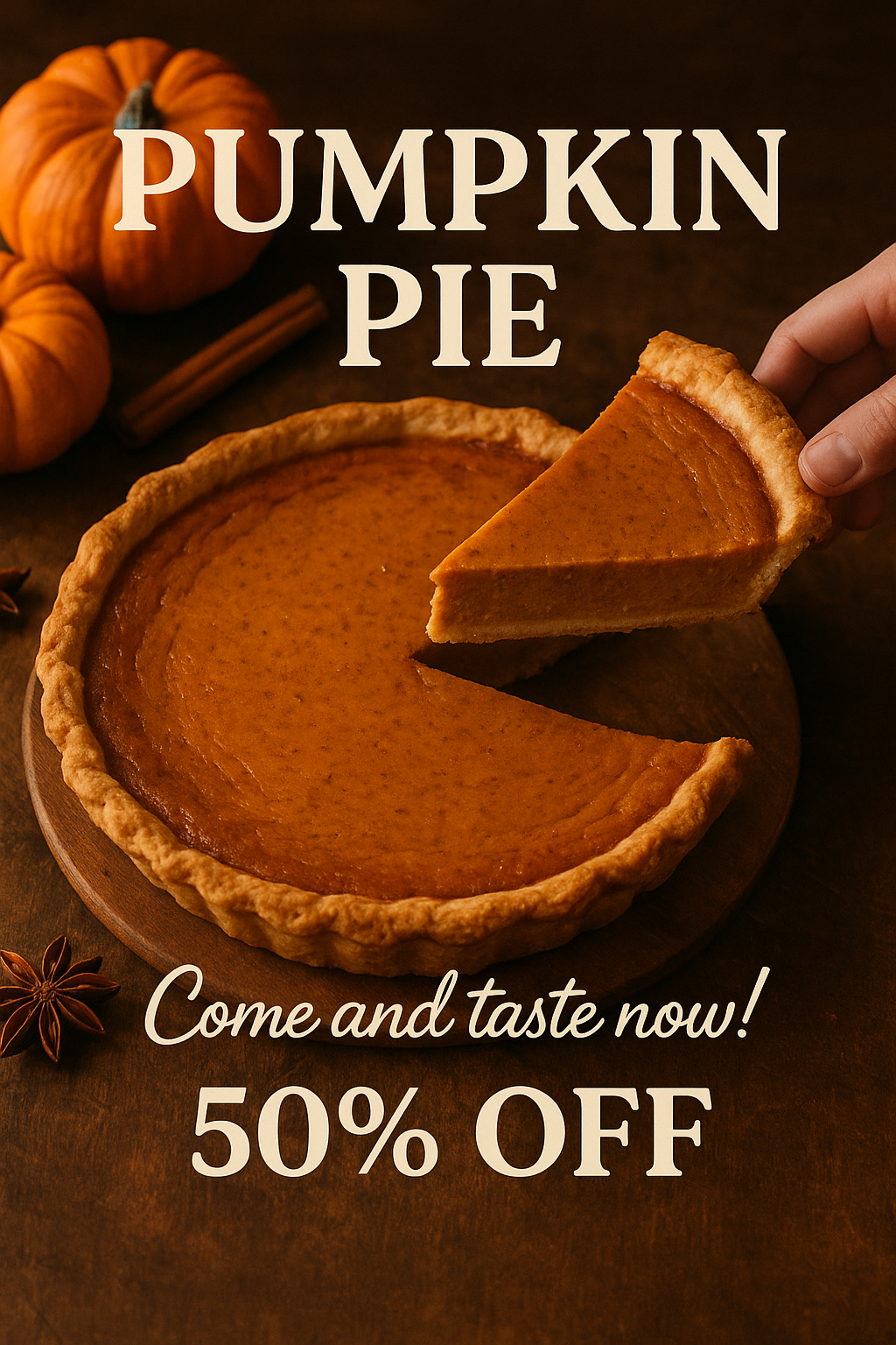 Pumpkin Pie Autumn Promo Design autumn design bakery cafe marketing cozy design dessert fall dessert food art food design food photography promotional design pumpkin pie rustic style seasonal campaign sweet treats warm tones