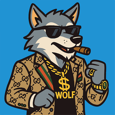 Streetwear Wolf Boss — Monogram Jacket, Shades & Chain adobe illustrator artwork animal boss character blue background icon bold line art character design series clean vector shapes fashion inspired mascot flat color shading gold chain bling luxury style illustration memecoin logo design monogram jacket character social avatar icon sticker ready graphic streetwear wolf mascot sunglasses cigar vibe swagger cool attitude vector cartoon portrait watch ring accessories web3 brand mascot