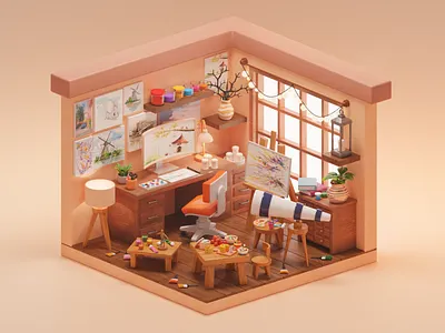 3D Isometric Artist’s Studio 3d graphic design
