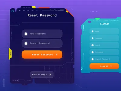 Cyberstyle cards. AI platform for kids cards cyber cyberpunk futuristic futuristic details futuristic forms futuristic ui login reset password signup