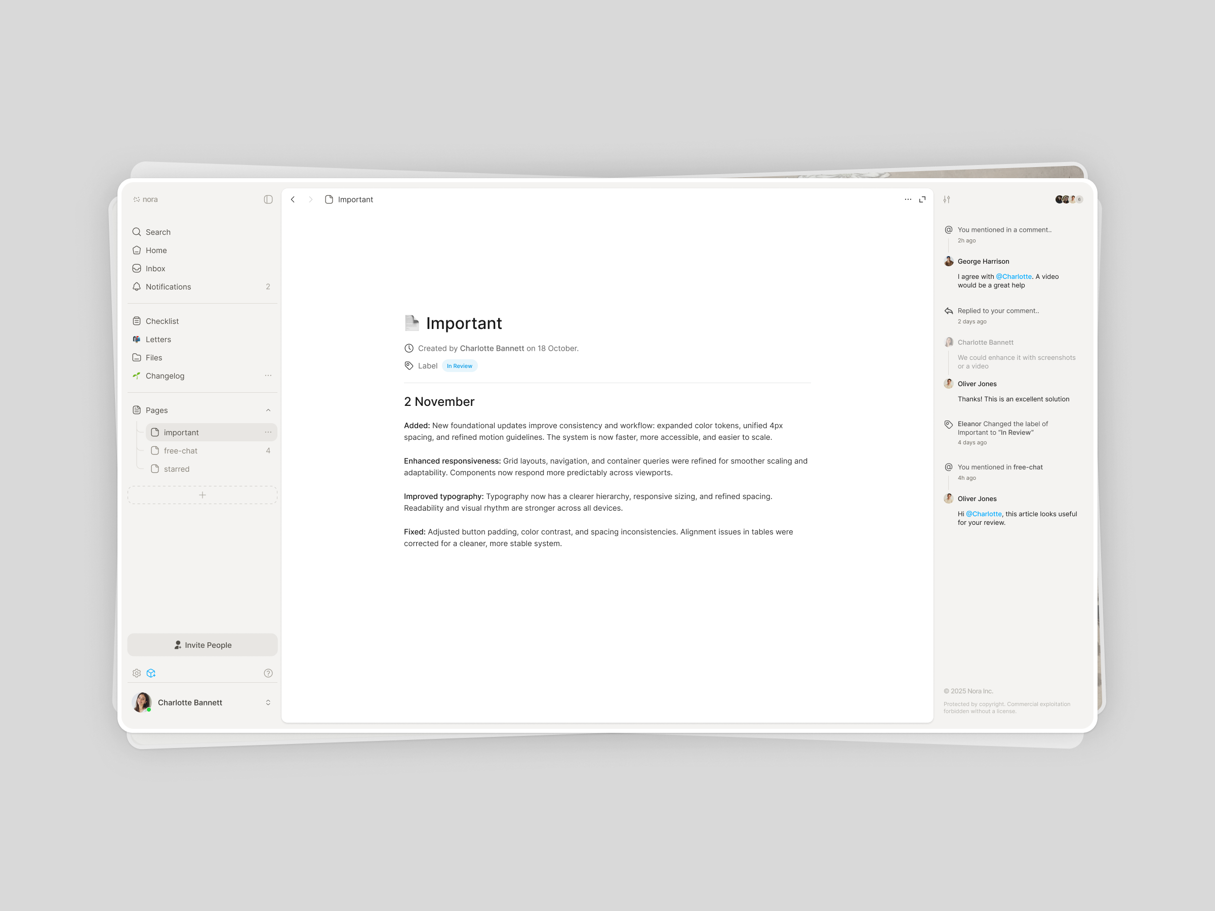 nora® — Collaborative Workspace and Knowledge Management Tool ai clean collaboration dashboard designinspiration minimal minimaldesign productivity projectmanagement taskmanagement ui uidesign userinterface ux uxdesign webdesign workspaces