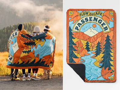 Passenger Clothing 2025 Collection: Blanket design adventure apparel blanket branding camp design forest graphic design illustration landscape mountains nature outdoor outdoors river shirt t shirt