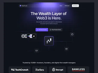 NeoFund — The Wealth Layer of Web3 blue branding dashboarddesign figma fintech gradient ideapeel interaction design landing page landingpage productdesign saasdesign typography ui web3 webdesign