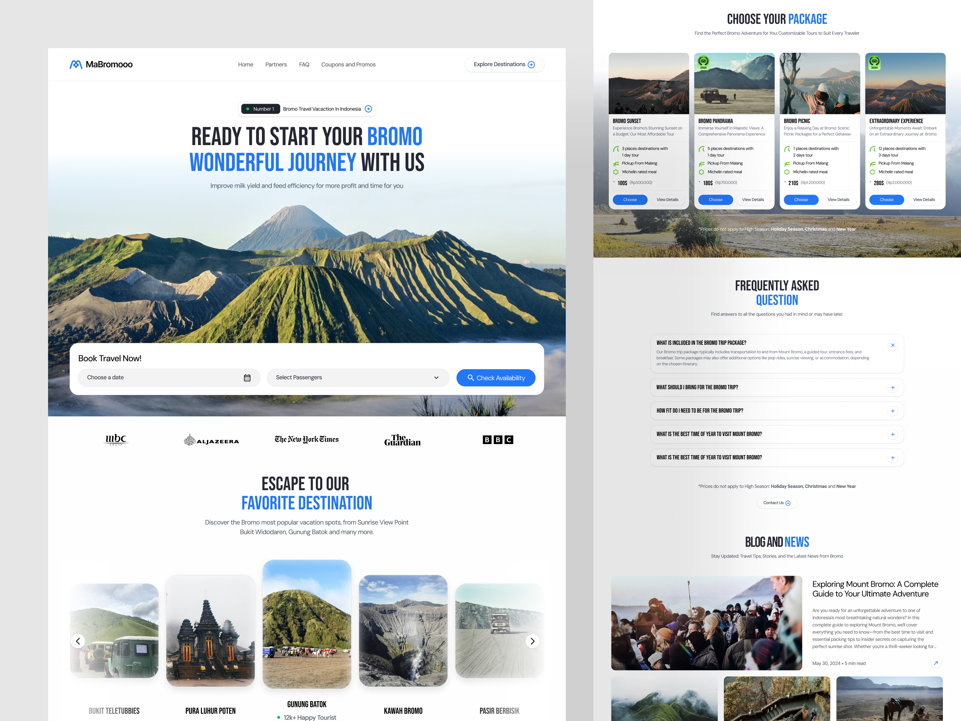 MaBromooo — Bromo Travel Landing Page blog page booking platform clean layout customer testimonial destination guide faq section hero section landing page minimal design modern interface modern ui responsive design tour package tourism ui travel booking travel website ui design ux design visual storytelling web design