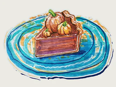 Pumpkin Pie Slice autumn baking blue plate cartoon colorful delicious dessert food fun funny gourd humor illustration joselo rocha art pie pumpkin pie seasonal pumpkin slice tasty whimsical