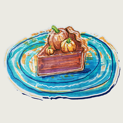 Pumpkin Pie Slice autumn baking blue plate cartoon colorful delicious dessert food fun funny gourd humor illustration joselo rocha art pie pumpkin pie seasonal pumpkin slice tasty whimsical