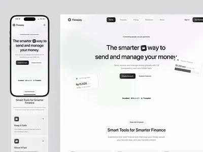 Flowpay - Smarter Financial Management clean financial financial management landing page mobile modern receive responsive send ui ux website