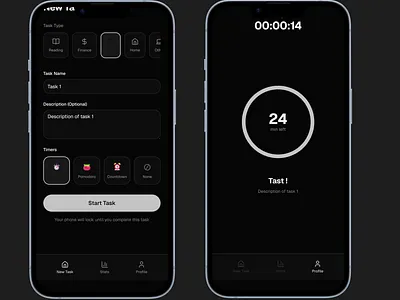 Focus Task App Minimal Dark Mode app design figma focus app pomodoro task management ui ux web design website website design