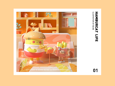 HAMBURCAT—Play the violin(3D) 3d c4d illustration ip mascot orange sofa violin 张小哈