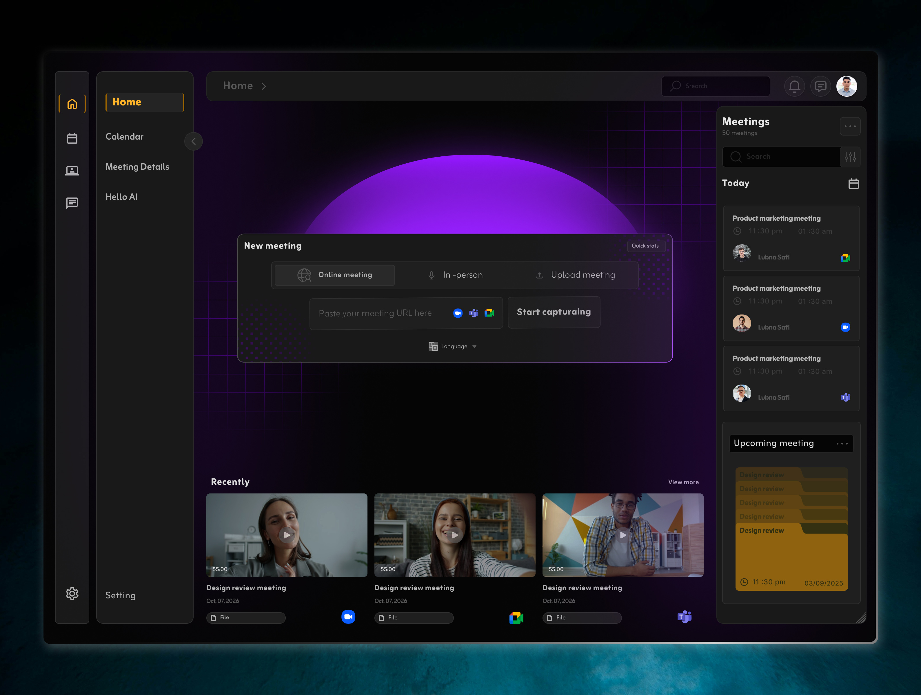 AI Meeting assistant dashboard ai meeting dashboard dark mode ui dashboard ui digital workspac meeting app next gen ui online meeting saas dashboard ux for saas video call dashboard web app design web dashboard