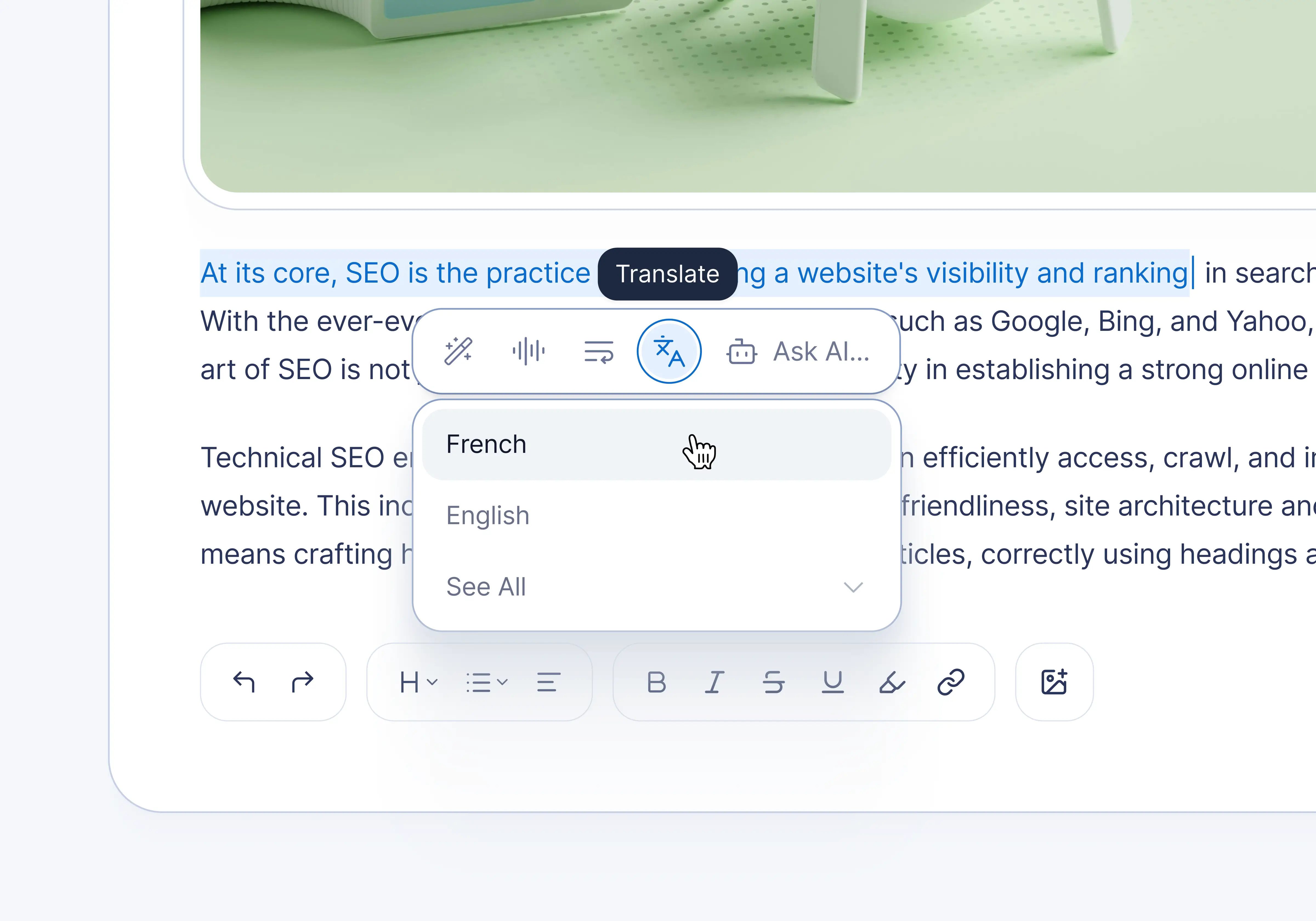AI text editor language translation dropdown ai app design dropdown language popup text editor ui ux