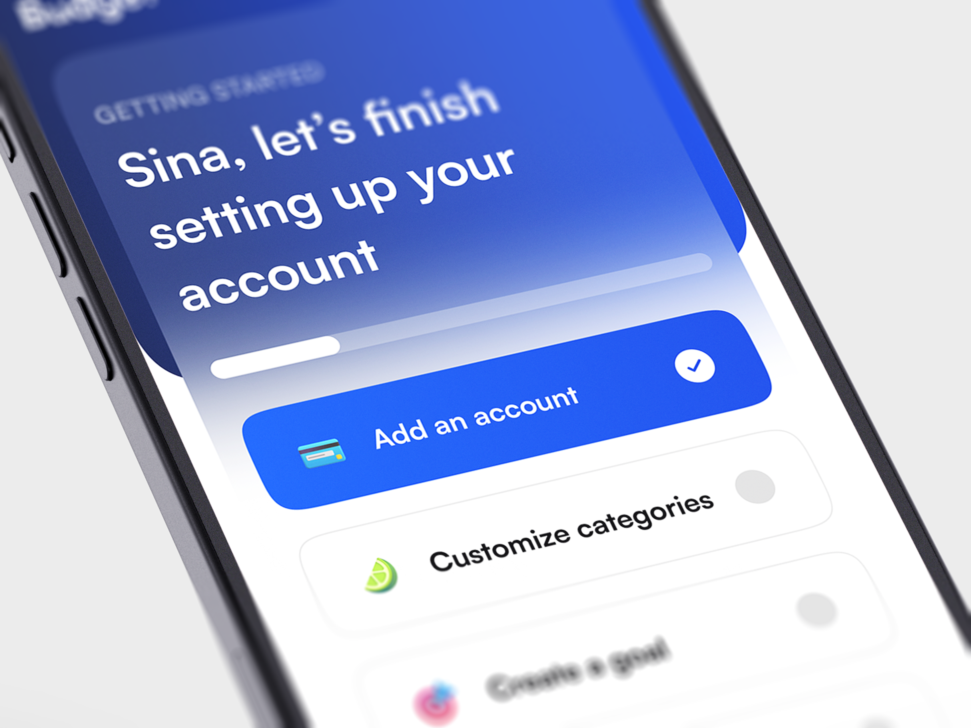 INTG Budgeting App — Getting Started blue budgeting budgeting app connect account dashboard finance financial getting started guide personal finance setting up stepper ui ui design ux