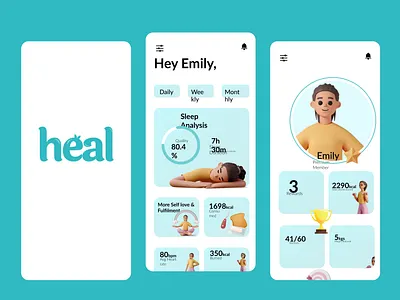Heal — Your Daily Wellness Companion 3ddesign appdesign cleanui dailyui dashboard designinspiration dribbble fitnessapp healing healthapp illustration interface minimaldesign mobileapp modernui productdesign uidesign uiux uxdesign wellnessapp