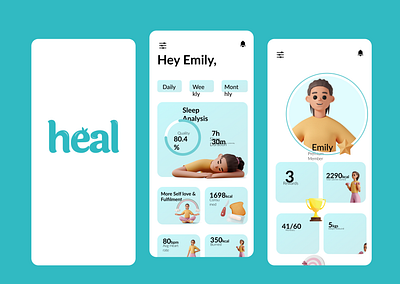 Heal — Your Daily Wellness Companion 3ddesign appdesign cleanui dailyui dashboard designinspiration dribbble fitnessapp healing healthapp illustration interface minimaldesign mobileapp modernui productdesign uidesign uiux uxdesign wellnessapp