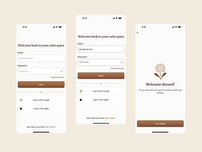 Daily Affirmation App – Log In & Welcome Flow app app design appdesign calmdesign dailyaffirmations design dribbbledesign illustration loginscreen mindfulnessapp minimalui mobile app mobile app design mobileappdesign productdesign ui uiuxdesign userexperience welcomescreen wellnessapp