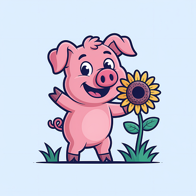 Cute Pig Mascot with Sunflower Illustration animal cartoon cartoon character character childrens content cute cute pig farm animal happy illustration illustration by xinyan mascot mascot design organic branding summer theme sunflower vector art