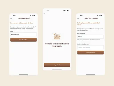 Reset Password Flow – Designed for Calm Recovery app app design appflow appinteraction calmui clean ui cleandesign design designforusers emotionaldesign mindfuldesign minimalui mobile app mobile app design mobileappdesign passwordreset uiux userexperience uxdesign