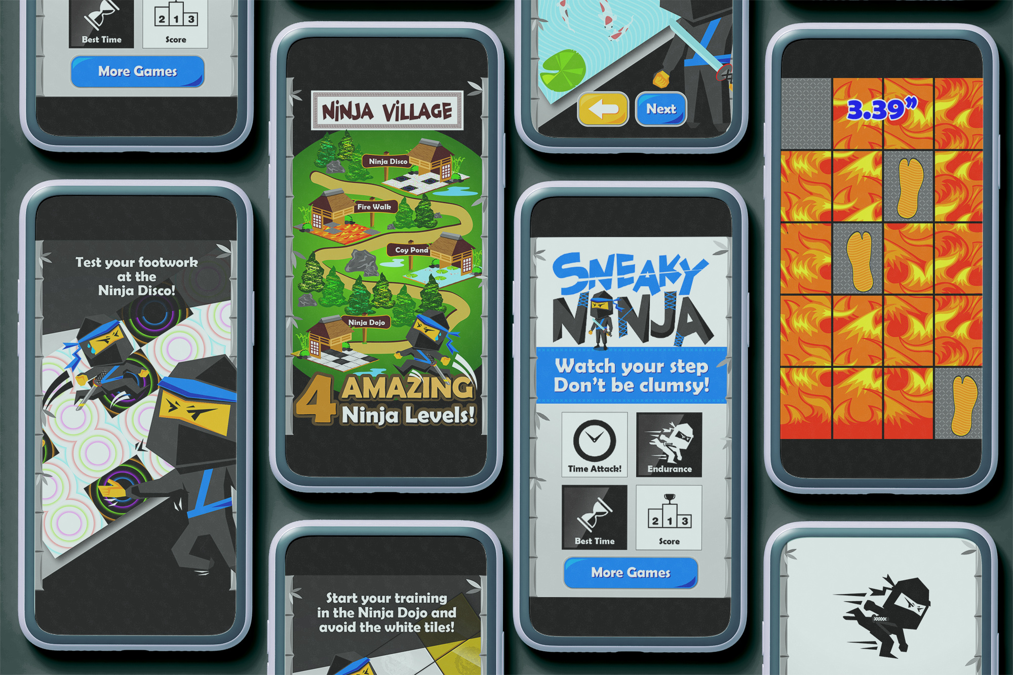 Sneaky Ninja Game Design android apps cartoon clean creative design fighting fun gaming graphic design leaderboard mobile game modern ninja phone stage ui website
