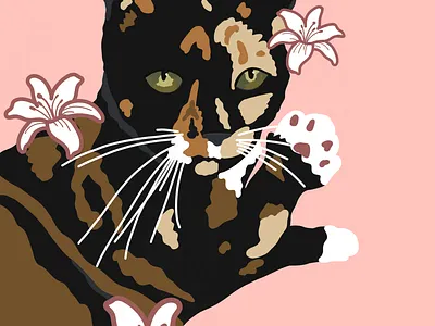 Calico Cat Illustration with Flowers animal illustration art print calico cat cat illustration character illustration digital illustration flat illustration floral illustration illustration minimal illustration modern illustration pastel art procreate wall art